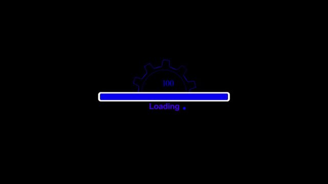 Loading bar graphic animation with blue glowing progress indicator and gear wheel symbol indicating data transfer process and computer system performance during software updates.