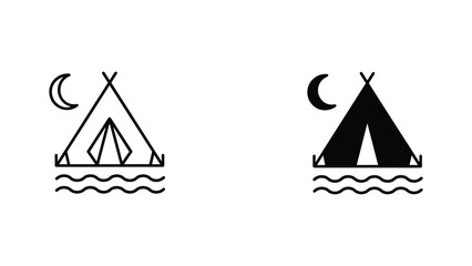 Camping tent by water with crescent moon icon set in outline and solid black vector design styles © ArtHive Studio