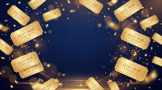 Golden lucky draw ticket floating with sparkling confetti and stars on dark blue background, festive and exciting celebration