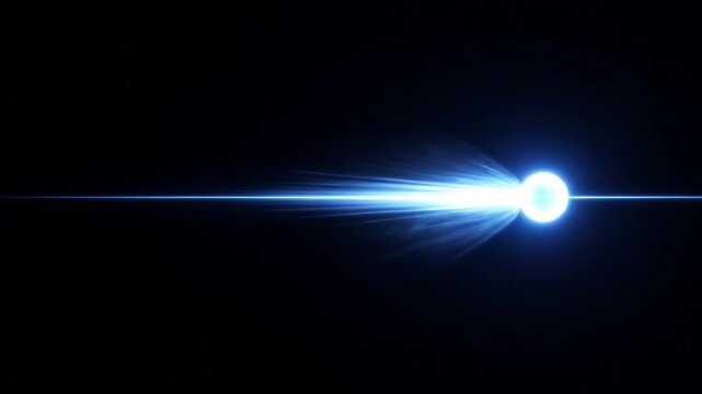 漆黒の宇宙空間で光の球体がレーザー直線上を推進移動する3DCG動画