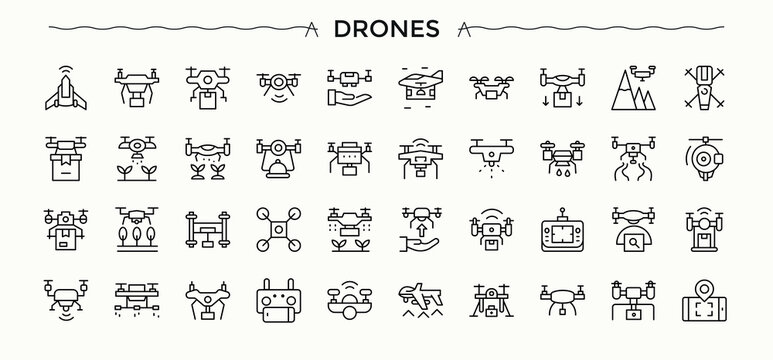 Drones icon set. Aerial modern icon set. Thin UI icons. Contains outline symbols like fly, flight, transport, aviation, technology and more. Pictogram and infographic.