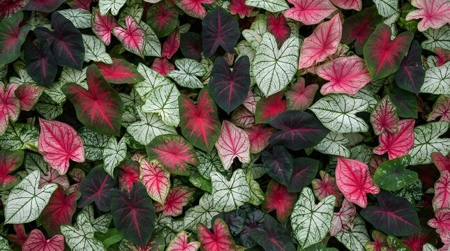 Colorful tropical background of vibrant pink red and white caladium leaves overlapping densely