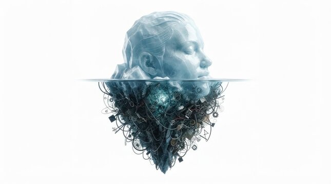 Deep Mind Concept with Human Head Emerging Above Hidden Complex Thoughts