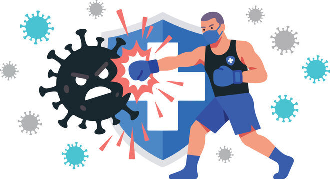 Man wearing face mask punching coronavirus cell with shield protection vector illustration