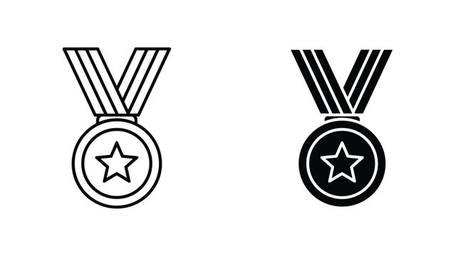 Medal with star emblem and ribbon icon for victory in thin line and solid black vector art styles
