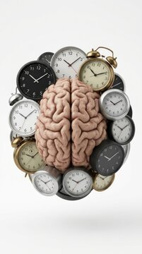 Brain Surrounded by Clocks Representing Time Pressure and Deadline Anxiety