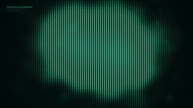 Futuristic green halftone dot grid morphing organically on dark HUD screen, digital matrix abstract background loop, data visualization technology concept for sci-fi UI user interface design