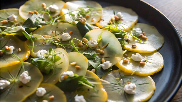 Thinly Sliced Golden Beet Carpaccio with Goat Cheese and Herbs on a Black Plate
