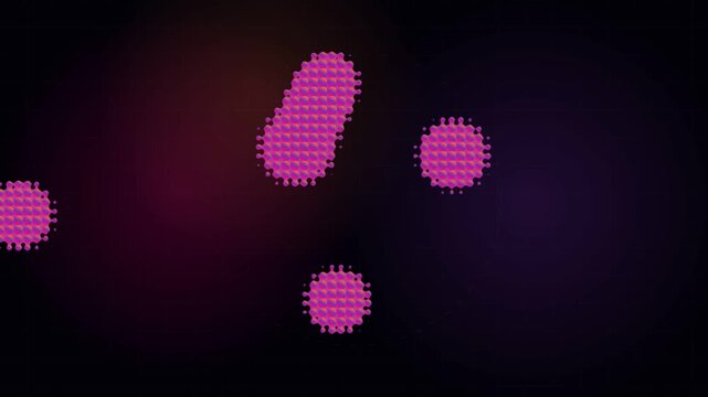 Abstract graphic animation of pink halftone virus cells dividing and merging on a dark background, representing microbiology, cellular mitosis, scientific research, pathogens, and medical technology.