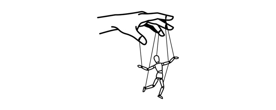 Minimalist line art illustration of a giant hand controlling a small puppet with strings.