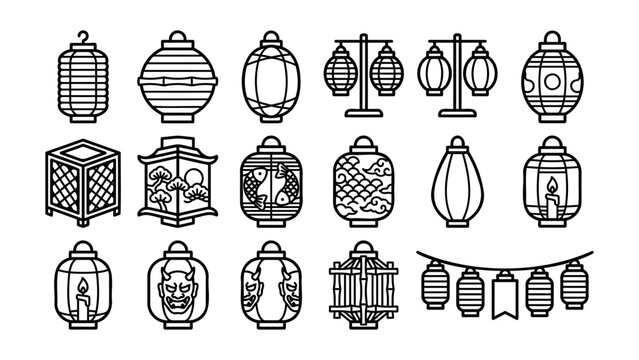 Asian lantern outline icon collection vector