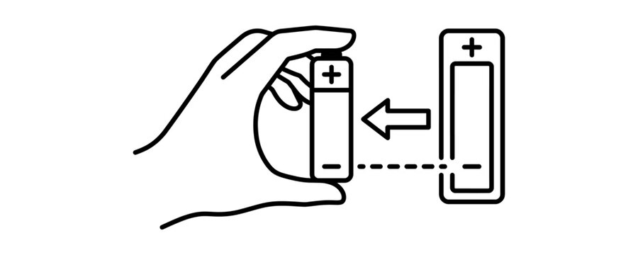 Line art illustration showing hand inserting battery into device compartment with polarity symbols.