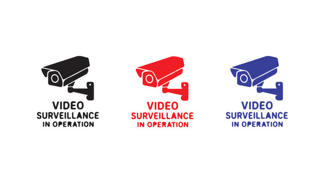 Video surveillance camera icons in black red and blue colors for security and safety monitoring.