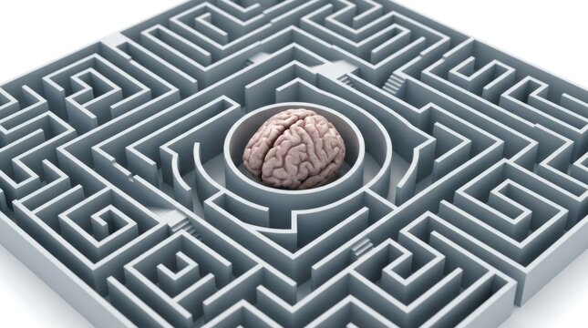 Brain Trapped Inside Maze Representing Mental Block and Difficult Thoughts