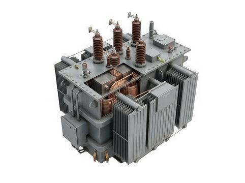 Industrial electrical power transformer with copper coils and cooling fins isolated on transparent background