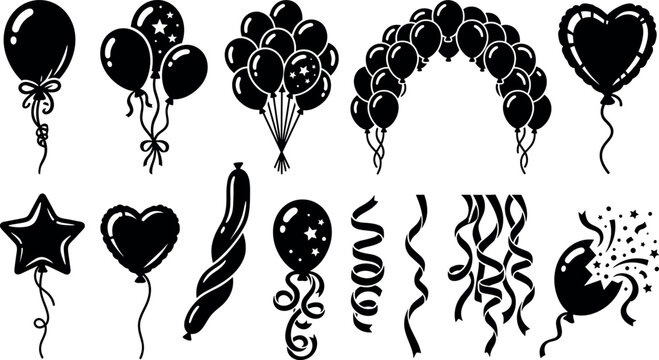 Party balloons and streamers black vector silhouette collection featuring birthday celebration elements and dynamic confetti explosions