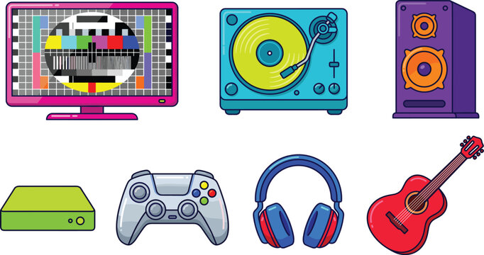 Retro multimedia electronic vector icons set with television turntable speaker gamepad console headphones and acoustic guitar