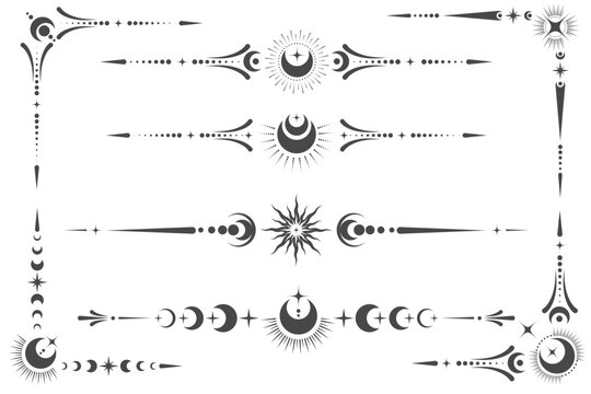 Celestial border with ornament of magic moon sun and stars. Tarot frame and spiritual separator for text. Spiritual decoration with bohemian vintage elements. Vector