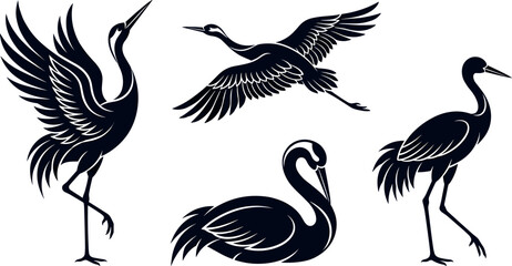 Fototapeta premium Japanese crane silhouette set featuring flying standing and resting elegant bird vector illustrations on white background