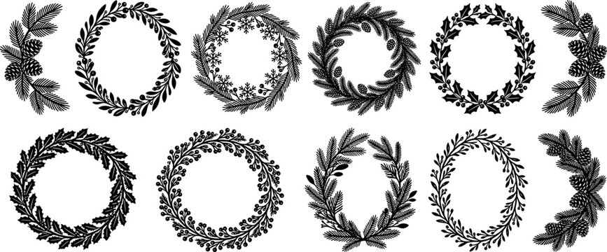 Set of Christmas wreaths and pine branch borders with winter botanical elements black vector silhouettes on white background