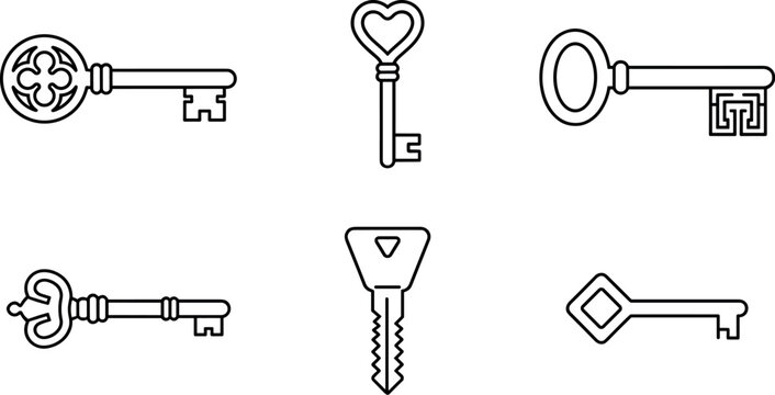 Vintage and Modern Key Line Icon Set Featuring Heart Shaped Antique Skeleton and Geometric Outline Keys for Security Real Estate and Locksmith Graphic Designs