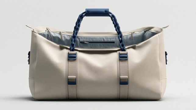 Beige canvas weekender duffle travel bag with blue chain handles and accents on light neutral background, modern stylish luggage product presentation