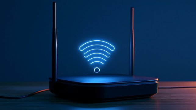 Modern wireless router with glowing wifi symbol