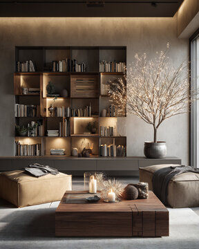 Modern living room with stylish wooden coffee table and bookshelf