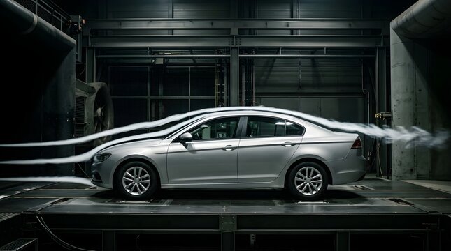 Silver sedan car being aerodynamically tested in a wind tunnel facility