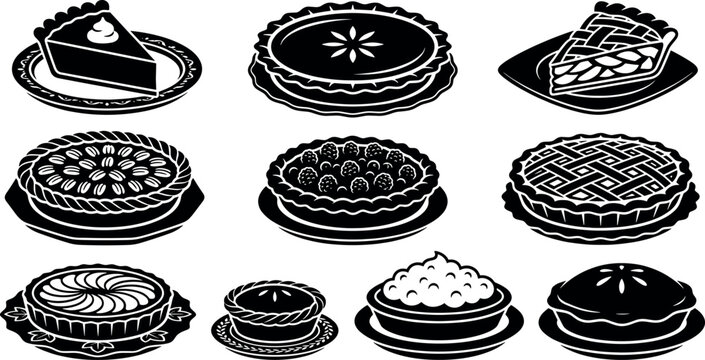 Thanksgiving pie and autumn dessert vector silhouette set featuring apple pumpkin pecan lattice tart slices