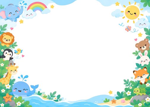 Whimsical cartoon animals frolic in a vibrant nature scene under a sunny sky with a rainbow