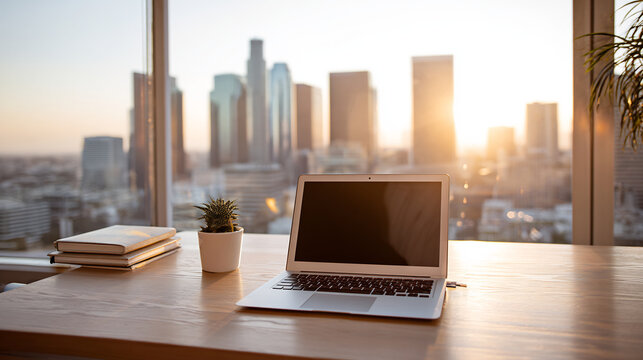 Laptop computer on wooden desk with city skyline view at sunset