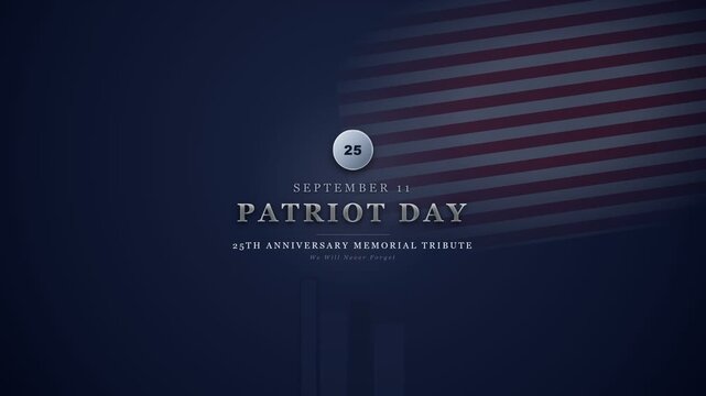 Patriot Day September 11 25th Anniversary Memorial Tribute with American Flag, Silver Ribbon and New York Skyline