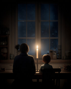 Woman and child sitting at a table with a lit candle at night