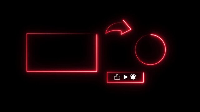 Neon graphics featuring end screen layout elements with glowing red arrows and notification icons designed for modern digital content creators sharing videos on popular streaming platforms online.