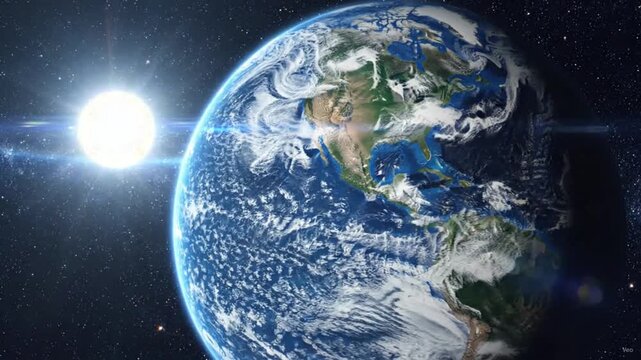 Planet earth view from space with bright sun burst, blue globe realistic animation background, cinematic cosmic galaxy discovery