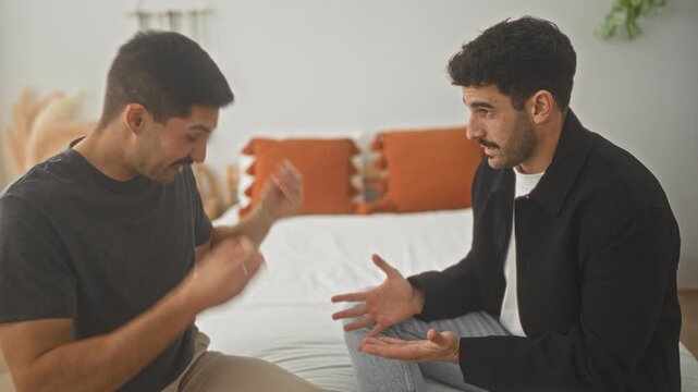 Two young hispanic men on a bed, one clapping blurred hands while the other sits with palms up and open gestures in a bedroom; frustration disagreement.