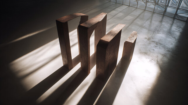 Three weathered wooden blocks standing on concrete floor with dramatic shadows