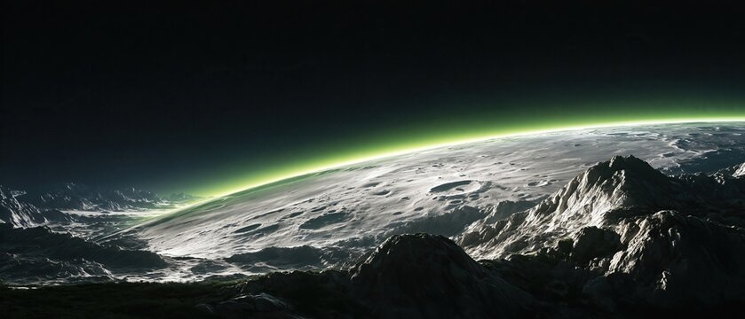 Panoramic view of alien planet surface with rocky craters mountains and glowing green aurora along the horizon in outer space science fiction concept