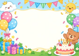 Fototapeta premium Cheerful bear, gifts, cake, balloons, sun, clouds, and bunting celebrate an event