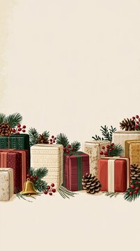 Festive hand painted Christmas illustration featuring wrapped gift boxes decorated with evergreen branches, pine cones, red berries, and a warm neutral background with generous copy space.