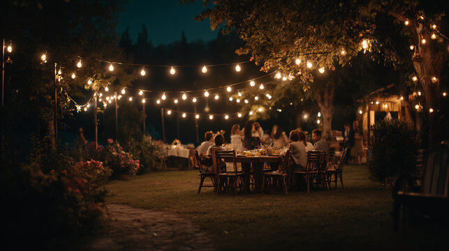 Friends dining outdoors in a beautiful garden at night under string lights