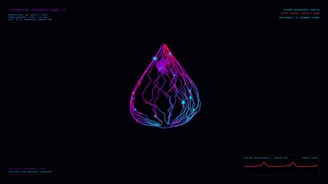 Futuristic biomedical holographic heart 3D diagnostic scan interface with glowing blue and pink capillary flow lines, digital HUD tech telemetry screen, and ECG wave monitoring animation.