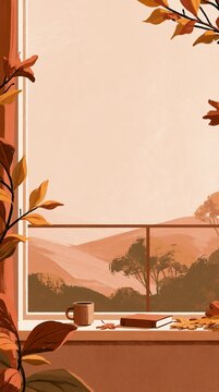 Warm hand painted autumn interior featuring a large window overlooking rolling hills, with a coffee cup, book, fallen leaves, and autumn foliage creating a peaceful cozy atmosphere.