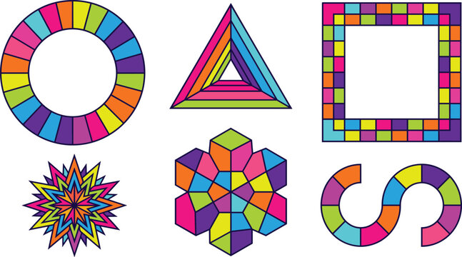 Abstract colorful geometric shapes vector set with rainbow circle impossible triangle pixel frame star and maze