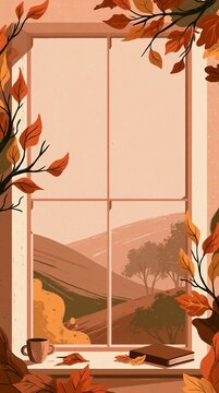 Cozy Autumn Window with Mountain Landscape and Fallen Leaves