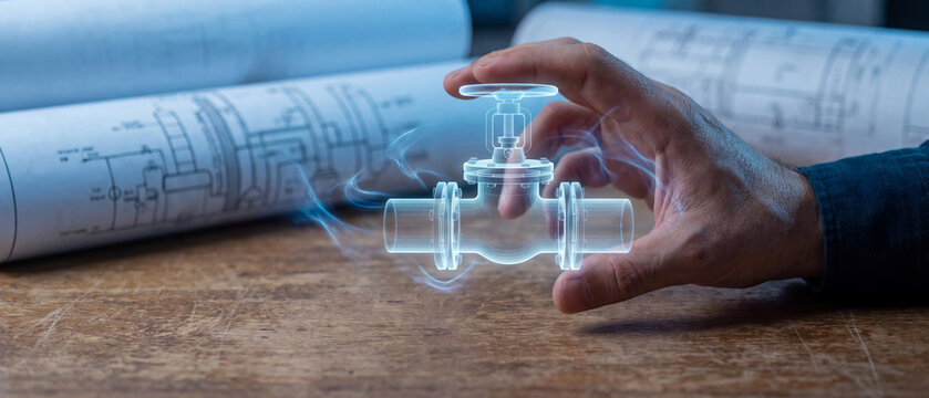 Pipeline infrastructure engineering platform, hand controlling holographic valve pipe model above rolled engineering blueprints on desk, oil gas flow management, industrial control and maintenance
