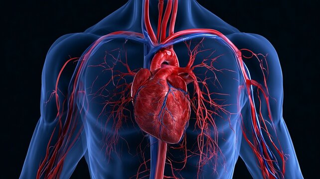 Human Cardiovascular System with Heart and Blood Vessels on Dark Background