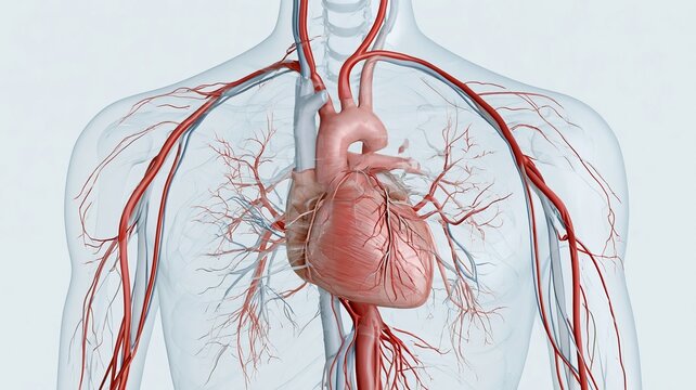 Detailed medical visualization showing the human heart and extensive cardiovascular network through the upper body on a clean light background.