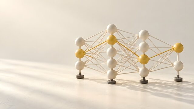 Neuronales Netz aus verbundenen Kugeln mit gelbem Signalpfad als Symbol f&uuml;r k&uuml;nstliche Intelligenz